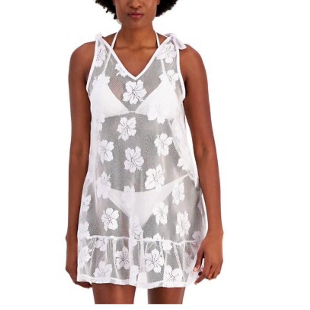 MIKEN Tie-Shoulder Ruffle Swimwear Coverup Dress Size XSmall White Retail $28